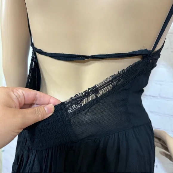 FREE PEOPLE INTIMATELY lace trimmed semi sheer mini slip dress black Medium GUC - Picture 8 of 16